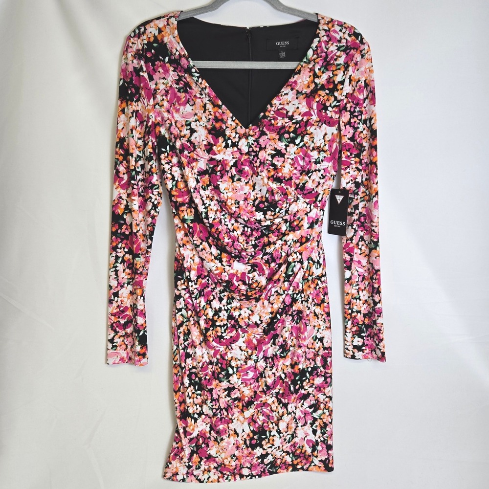 Guess Long Sleeve V-Neck Floral Sheath Dress GDNP3845 Lined 4 New $108 MSRP
